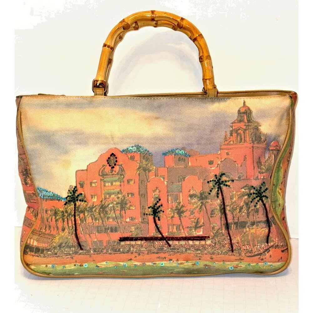 Painted on Canvas Handbag Hawaiian Scene, Bamboo Handles, Marlo, Medium